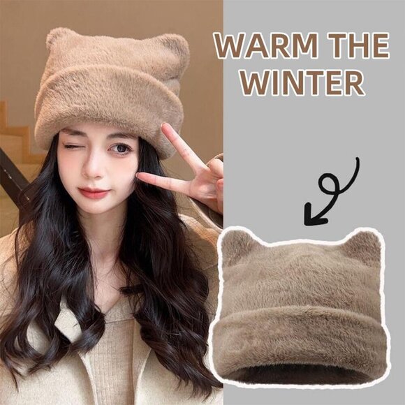 Womens Light Khaki Winter Beanie Hat Cute Cat/Bear Ear Hat with Internal Support main image 6